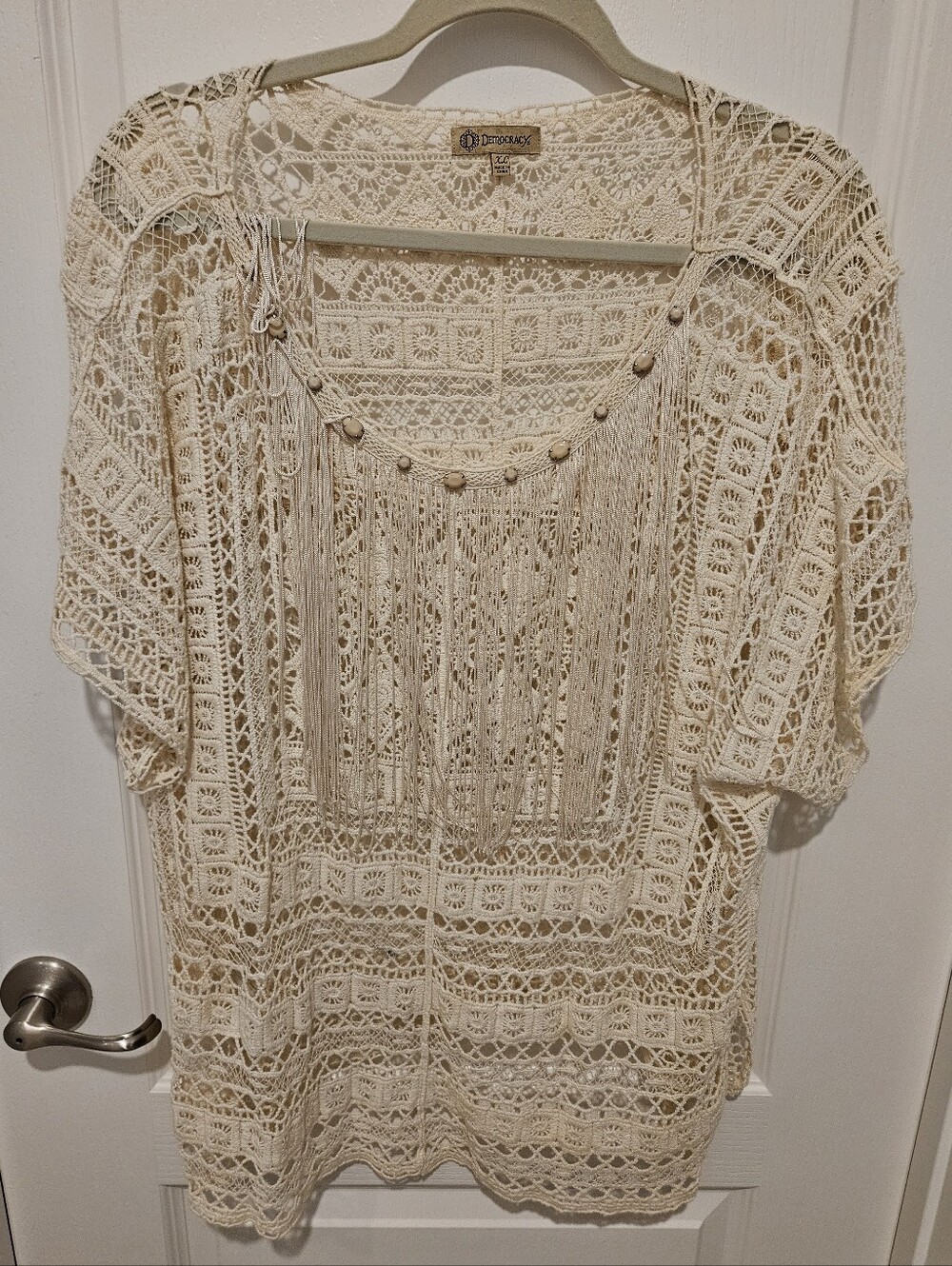 Democracy Ivory Crochet Lace Fringe Boho Festival Tunic Top XL